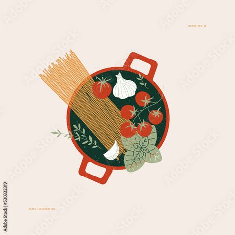 Stock Image: Italian pasta in a pan. Spaghetti ingredients. Italian food. Vector illustration Spaghetti Ingredients, Pasta Art, Food Vector, Italian Pasta, Italian Food, Food Illustrations, Adobe Stock, Italian Recipes, Stock Vector