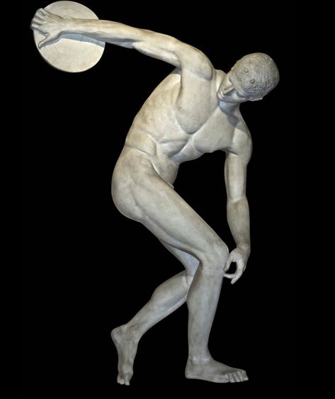 This is a sculpture of a discus thrower. I have included this image to show what Hyacinth and Apollo were doing when Hyacinth was killed. A discus usually weighs around 4 pounds, so when thrown through the air, it could definitely cause a lethel injury, especially to the head. Discus was mentioned in the Iliad at the funeral of Patroclus (762 BC), and it became part of the pentathalon in 708 BC. Today, it is an Olympic event in the track and field group. Ancient Olympic Games, Ancient Olympics, Discus Thrower, Discus Throw, The Iliad, Athletics Track, Pentathlon, Go Greek, The Odyssey