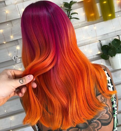 This color melt by hair god @samyuwel is utter perfection !  Use our Siam Orange + Fuschia Pink to acheive this stunning look Orange And Pink Hair, Orange Hair Color, Orange Hair Dye, Blond Rose, Dyed Tips, Hair Dye Tips, Hair Color Orange, Crazy Color, Fire Hair