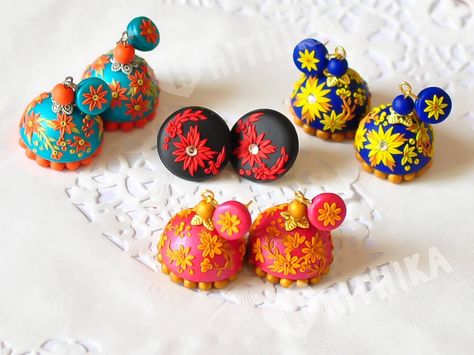 Fully hand made polymer clay jhumkas Hrithika The Clay Boutique Diwali Polymer Clay Earrings, Polymer Clay Jhumkas, Clay Embroidery, Polymer Creations, Clay Model, Terracotta Earrings, Silk Thread Jewelry, Terracotta Jewellery, Polymer Clay Canes