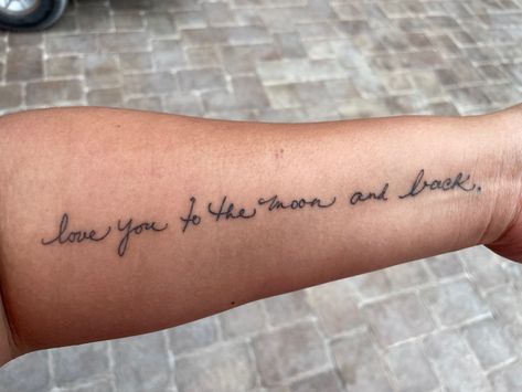 Love You To The Moon And Back Tattoo Mother Daughters, I Love You To The Moon And Back Tattoo, The Moon And Back Tattoo, Moon And Back Tattoo, Back Of Forearm Tattoo, To The Moon And Back Tattoo, Stick Poke, Lower Arm Tattoos, Stick Poke Tattoo