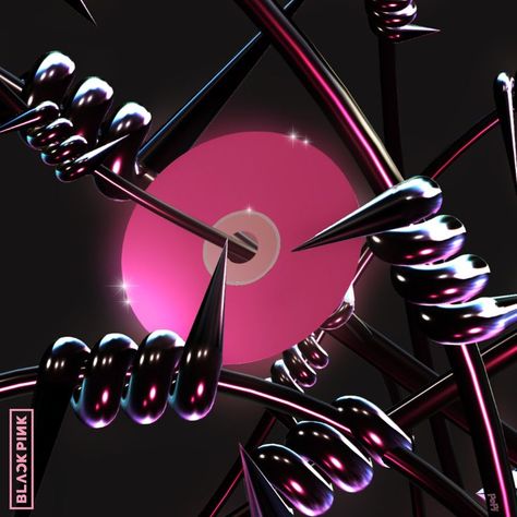 Redesign of K-pop girl group Blackpink's full album "The Album". A 3D render of a glowing pink CD suspended in the air and threaded through a barbed wire, and surrounded by more barbed wire. Blackpink Album Cover, Blackpink Album, Bg Design, Desain Buklet, Catty Noir, Album Art Design, Blackpink Poster, Wallpaper Animes, Album Cover Design