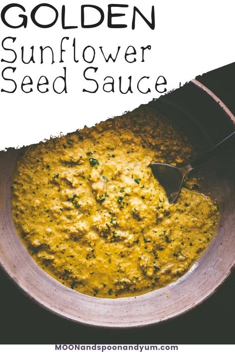 This savory sunflower seed sauce with turmeric, cilantro, garlic, salt, pepper, apple cider vinegar and olive oil makes for one delicious and healthy condiment perfect as a salad dressing, or a sauce. Sunflower Seed Cheese, Dairy Free Dips, Golden Sunflower, Garlic Seeds, Vegan Keto Recipes, Vegan Dip, Vegan Sauces, Vegetarian Keto, Vegan Keto