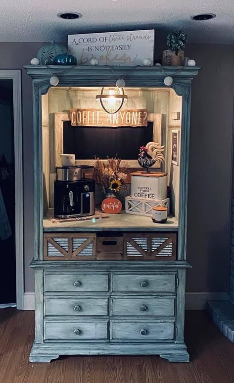 Coffee Vibes Aesthetic, Home Coffee Bar Ideas, Cafe At Home, Coffee And Love, Old Furniture Makeover, Coffee Bar Ideas Kitchen Counter, Hutch Ideas, Armoire Bar, Coffee/wine Bar