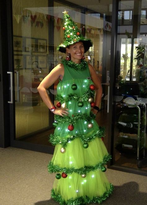 Halloween Christmas Sweater, Crazy Christmas Party Outfits, Christmas Tree Dress Up, Diy Christmas Tree Costume Women, Ugly Christmas Outfit Ideas, Christmas Tree Dress Costume, Diy Christmas Costumes For Women, Dress Like A Christmas Tree, Christmas Party Themes Dress Up