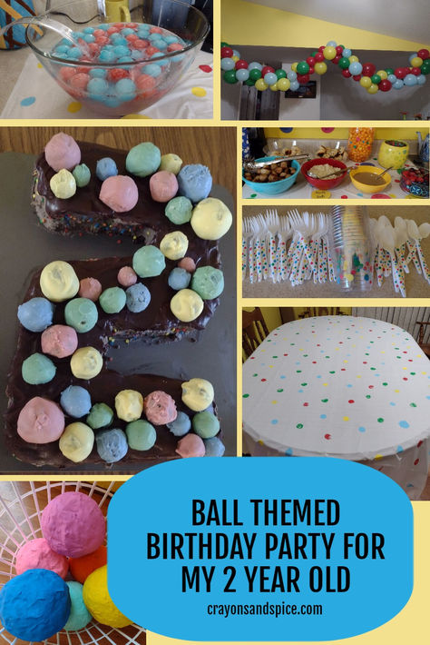 Picture of ball shaped pinatas, a ball themed cake, colorful ball ice cubes, a balloon garland, ball shaped food, polka dot silverware and cups, and a polka dot tablecloth Ball Themed Second Birthday, Balls Birthday Theme, Ball Themed Cake, Ball Themed Birthday Party, Ball Theme Birthday, Themed Birthday Party Ideas, Bouncy Ball, Ball Birthday, Ball Party