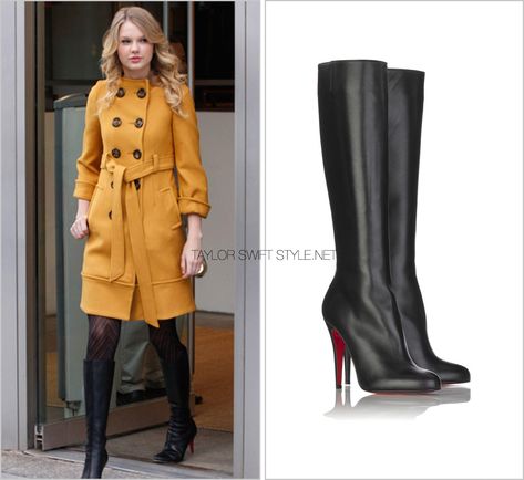 Kate Spade Coat, Color Block Coats, Black Leather Knee High Boots, Knee Length Boots, Red Mirror, Christian Louboutin Heels, Fall Winter Wardrobe, Red Sole, Taylor Swift Style