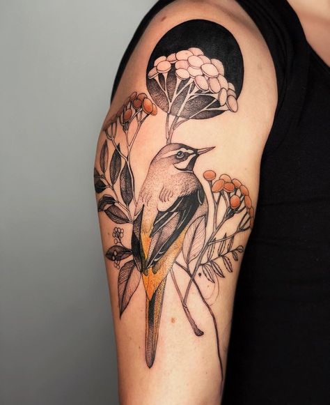 Tattooer, Wroclaw, Poland on Instagram: “For my french client ✨🌿 @nasza_tattoo_shop #tattoo #tattoos #bird #tansy #plant #graphic #illustration” Naturalistic Tattoos, Flower And Bird Tattoo, Illustrative Tattoo Style, Dzo Lama, Tansy Plant, Bee Illustrations, Illustrative Tattoo, Plant Graphic, Hands Tattoo