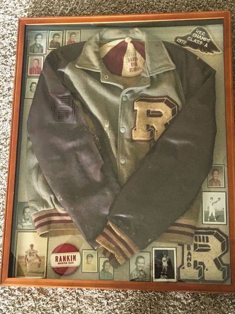 Football Letter Jacket Shadow Box, Sports Memorabilia Display Ideas Framed Jersey, Jersey Frame Ideas Display Case, Cooperstown Shadow Box Ideas, Shadow Box Jersey, High School Letterman Jacket, Sports Shadow Boxes, Letterman Patches, Letter Jacket