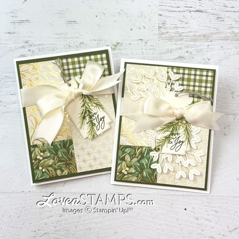 Video Tutorial and Link to Supplies: It's beginning to look a lot like Christmas in my workshop. Christmas in July, that is! With these gorgeous papers, vellums, stamps and dies, you're going to want to get started on your own holiday projects with the NEW Online Exclusive Suite - Season of Green & Gold, with the Greetings of the Season bundle and Golden Greenery bundle that coordinates with both DSP packages in this suite. Greetings Of The Season Stampin Up Cards, Christmas Cards 2017, Online Cards, Christmas Classics, Christmas Patchwork, Green Ideas, Simple Christmas Cards, Beautiful Christmas Cards, Christmas Card Set