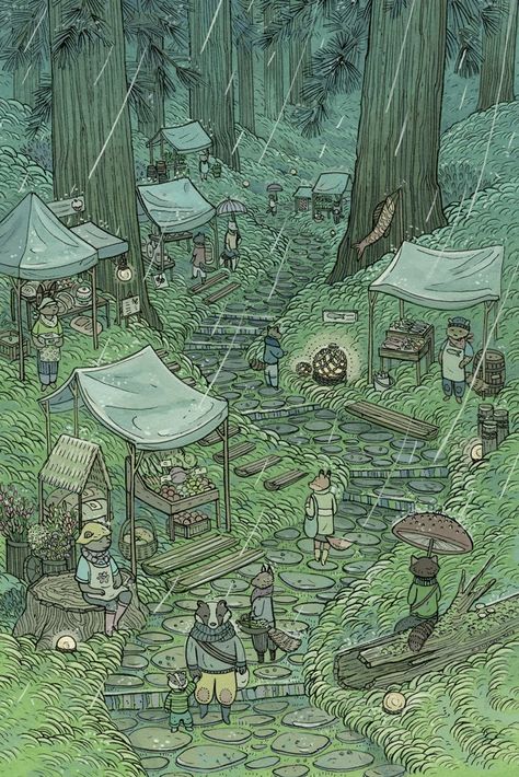 Rainy Market Day by Nicole Gustafsson Market Day, 판타지 아트, Art And Illustration, Jolie Photo, Environment Concept Art, Fantasy Landscape, Fantasy World, 그림 그리기, In The Woods