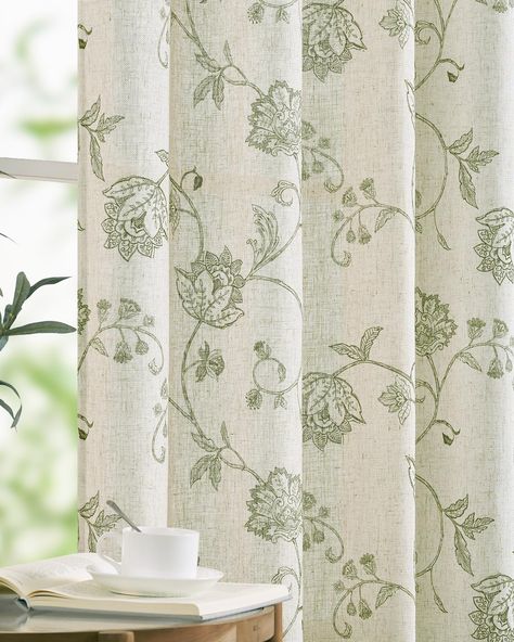 PRICES MAY VARY. Floral Linen Curtains: Add some warmth and decorative touch with JINCHAN Floral Linen curtains. Package includes 2 panels in 50 inch wide by 84 inch long each, 100 by 84 combined. Stylish print design, Available in 5 colors (grey, blue, green, taupe, black), these panels bring both casual warmth and refined style to the room. Light Filtering & Privacy: Made of triple weave fabric with flower print, these linen window curtains strike a perfect balance between softness and substan Curtains Floral, Cottage Curtains, Neutral Curtains, Sage Green Floral, Dinner Room, Bedroom Light, Country Curtains, Green Curtains, Drape Panel