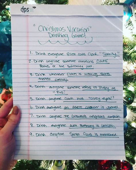 National Lampoons Christmas Vacation drinking game Christmas Vacation Party Games, Lampoons Christmas Vacation Party, Christmas Vacation Drinking Game, Vacation Snacks, Christmas Drinking Games, National Lampoon Christmas Vacation, National Lampoon Christmas, Christmas Dinner Decorations, Christmas Vacation Party