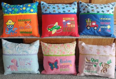 Reading Pillows Reading Pillows For Kids Pattern, Reading Pillows Embroidery Designs, Reading Pillows For Kids Free Pattern, Book Pillows For Kids, Reading Pillow Pattern Free, Reading Pillows For Kids, Book Pillows, Embroidery Pillows, Embroidery Animals