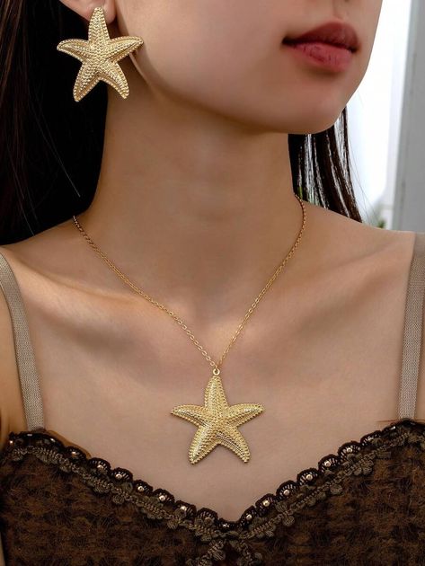 1pc Starfish Necklace And 1pair Starfish Stud Earrings Set, Elegant And Versatile Ocean Style Alloy Accessories For Daily Wear And Vacations | SHEIN USA Clothing Lookbook, Ocean Style, Ocean Fashion, Makeup Accesories, Starfish Earrings, Starfish Necklace, Women's Jewelry Sets, Gold Collar, Stud Earrings Set