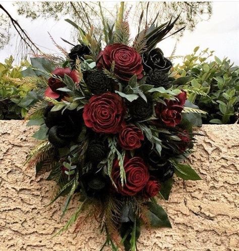 Wood Flower Bouquet in Dark Red and Black Wood Rose Dahlia | Etsy Peonies Red, Dahlia Wedding Bouquets, Dark Romantic Wedding, Dark Wedding Theme, Greenery Wedding Bouquet, Black Bouquet, Dahlias Wedding, Wood Flower Bouquet, Burgundy Bouquet