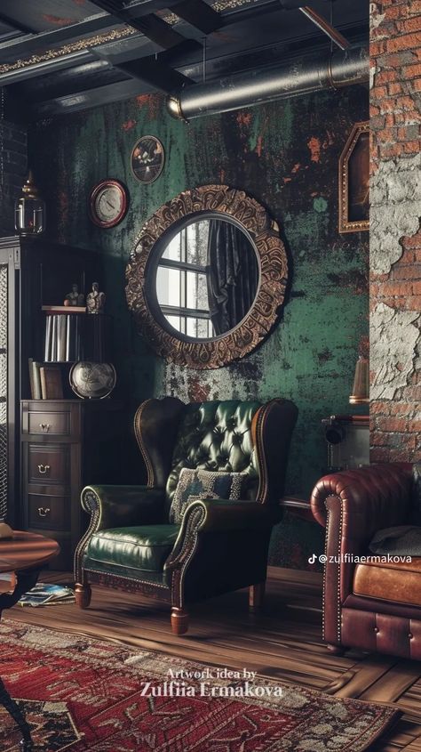 Steampunk Living Room Decor, Steampunk Office Decor, Steampunk Living Room, Vintage Office Design, Bar Lounge Room, Steampunk Interior, Loft Style Interior, Cars Room, Boutique Interior