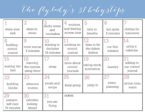 FlyLady 31 Baby Steps Calendar Fly Lady Calendar, Flylady Zones Free Printable, Fly Lady Printables, Flylady Routines Free Printable, Flylady Printable, Flylady Cleaning Schedule, Pregnant And Sick, Flylady Zones, Flylady Control Journal