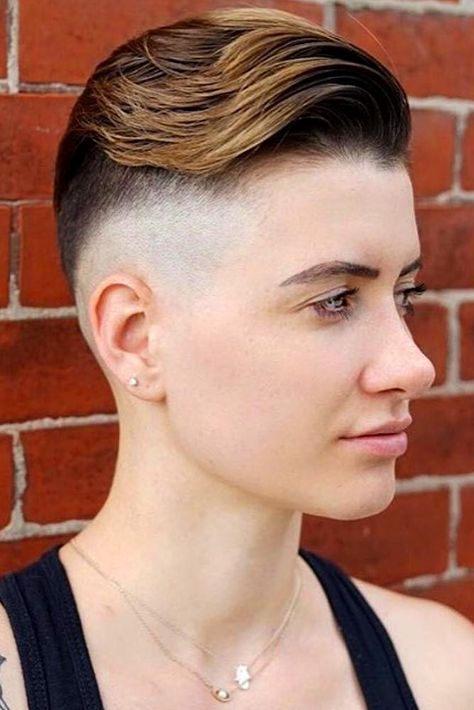 Side Slicked Style With Faded Sides #highfadehaircut #fadehaircut #shorthaircut #shortwomenhaircut #caramelombre ❤️Want to see how to style undercut for women? Here you will find lots of short haircuts with shaved sides and many other cool hairstyles that are trendy in 2018. ❤️ See more: http://lovehairstyles.com/high-fade-haircut-ideas-women/ #lovehairstyles #hair #hairstyles #haircuts Curly Hairstyles Braids, High Top Fade Haircut, Top Fade Haircut, Fade Haircut Women, Braids Hairstyles For Black Women, Pale Blonde Hair, Women With Short Hair, High Top Fade, High Fade Haircut