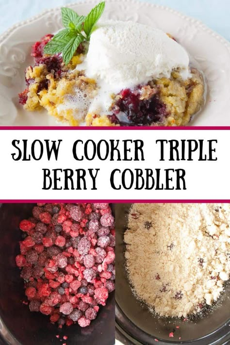 Crockpot Cobbler, Triple Berry Cobbler, Mixed Berry Dessert, Berry Cobbler Recipe, Crockpot Cake, Berry Cobbler Recipes, Slow Cooker Apple, Apple Berry, Crockpot Dessert Recipes