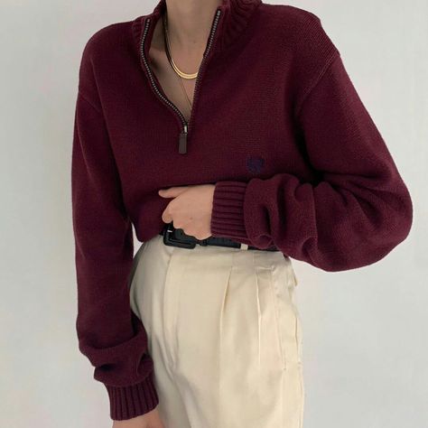 Wine Red Sweater, Red Sweater Outfit, Maroon Aesthetic, Cream Outfit, Maroon Outfit, Vintage Apparel, Luxury Vintage, Red Sweaters, Embroidery Logo