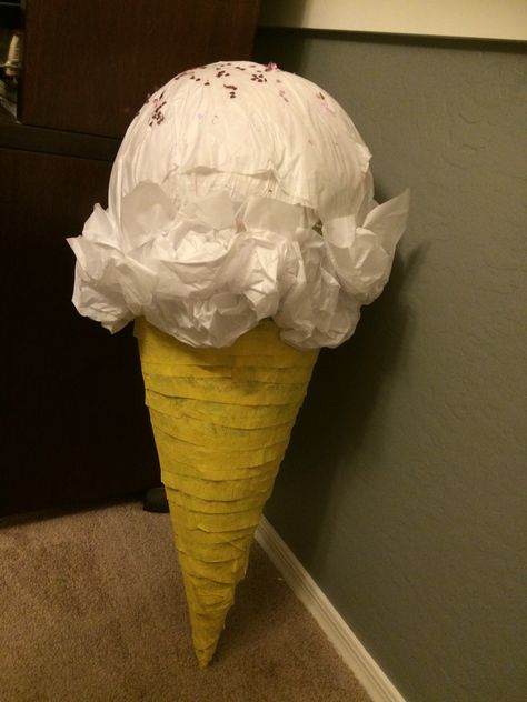 Ice cream cone piñata! Made with poster board, punching balloon and paper mache. Paper Mache Cupcake, Paper Mache Ice Cream Cone, Paper Mache Ice Cream, Ice Cream Ideas, Ice Cream Parlor Party, Craft Ice Cream, Pinata Ideas, Cool Crafts For Kids, Decorating Pumpkins