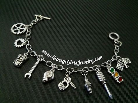 Car Part Charm Bracelets! New Sparkplugs! Create your own online!www.GarageGirlsJewelry.com  #garagegirlsjewelry #miniracecar #carpartcharms #carpartbracelet #carjewelry #automotivejewelry #theoriginal #handmade #turbo #turbocharger #turbobracelet #cargirljewelry #ladymechanics #ladydriven #prettylittledrivers #girliegearheads #wrenchbracelet #custom Bottle Necklace Diy, Formula 1 Iphone Wallpaper, Woman Mechanic, Car Jewelry, Trailer Diy, Art Bracelet, Country Jewelry, Rims For Cars, Bottle Necklace