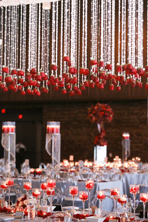 Red And Crystal Wedding Theme, Hanging Red Roses, Candle Installation, Candles And Crystals, Gothic Masquerade, Crystal Centerpieces Wedding, Red Roses Centerpieces, Tuscan Inspired Wedding, Jasmine Wedding