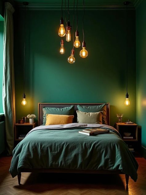 Dramatic emerald green bedroom illuminated by vintage Edison bulbs Emerald Bedroom Ideas, Emerald Bedroom, Emerald Green Bedroom, Emerald Green Paint, Emerald Green Bedrooms, Green Painted Walls, Vintage Edison Bulbs, Edison Bulbs, Bedroom Wall Colors