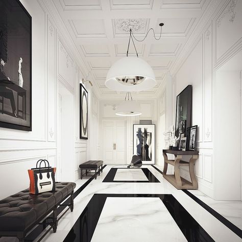 Elegant Hallway, Black And White Flooring, White Flooring, Black And White Floor, Apartment Entrance, Kitchen Apartment, Entertaining House, Corridor Design, Interior Design Per La Casa