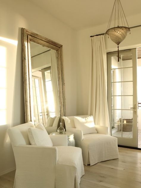 Love the huge mirror  The Iron Gate: Monochromatic bedroom with silver leaf floor mirror, white linen slipcover accent ... Monochromatic Bedroom, White Slipcovers, Rustic Wall Mirrors, Transitional Bedroom, Large Wall Mirror, Mirror On The Wall, White Bedroom, Floor Mirror, Benjamin Moore