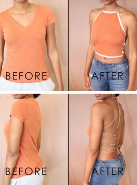 Diy Tie Front Tee Shirt, How To Turn T Shirt Into Halter Top, Halter Top From Tshirt Diy, Diy Shirt Ideas No Sew, Tshirt To Halter Top, T Shirt To Tank Top Diy, Diy Halter Top From T Shirt, Diy Backless Shirt, Diy Tops For Women