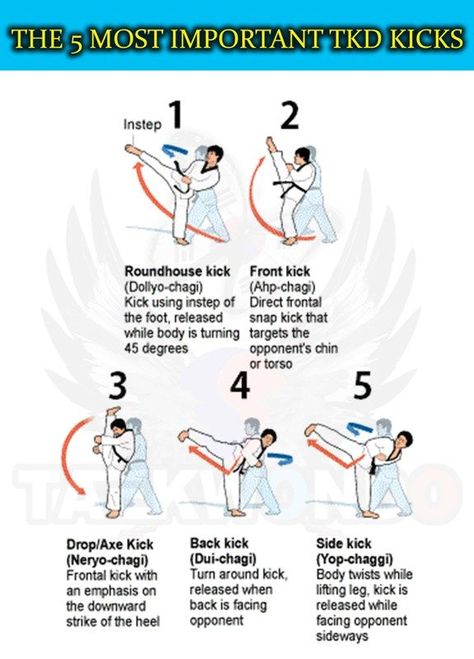 With these basic kicks you can win a fight easily. With more advanced kicks your opponent won't stand a chance...unless of course they know how to do them too Karate Kicks Martial Art, Taekwando Basics, Types Of Kicks Martial Arts, How To Kick, Taekwondo Kicks, Karate Kicks, Taekwondo Techniques, Taekwondo Training, Tang Soo Do