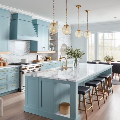 14 Kitchen Cabinet Colour Combination Design Ideas Cabinet Colour Combination, French Blue Kitchen, Studio Mcgee Style, Mcgee Style, Kitchen Cabinets Color Combination, Blue Kitchen Island, Blue Kitchen Cabinets, Green Kitchen Cabinets, Blue Cabinets