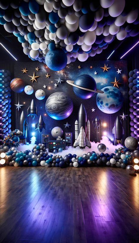 🎈 20 Creative Balloon Decorating Ideas for Every Occasion 🎉 - Laugh Lore Nasa Party Ideas Space Theme, Futuristic Theme Event, Cosmos Birthday Party, Space Event Theme, Event Theme Ideas Creative, Futuristic Decorations Event, Futuristic Party Theme, Space Theme Decorations, Space Birthday Party Ideas