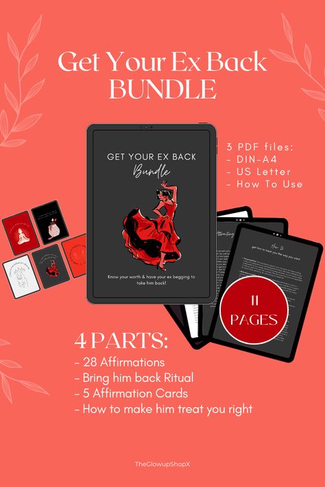 Get your ex back with this bundle containing a Bring him back Ritual, a guide on how to make him treat you right, 28 powerful affirmations, and 5 printable affirmation cards #lovespell #exback #obsessionspell #loveritual #manifestation #manifestlove Get Your Ex Back, Powerful Affirmations, Self Concept, Love Spell, Knowing Your Worth, Treat You, Affirmation Cards, Love Spells, Come Back