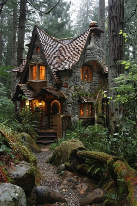 Forest Cottage Interior, Fantasy Exterior, Forest Cottage Aesthetic, Bermed House, Forest House Design, Cozy Cottage In The Woods, Forest Landscaping, Cottages In The Woods, Academia House