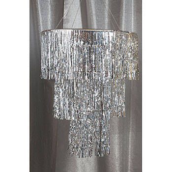 The Silver Three Tier Chandelier features thousands of shimmering metallic mylar strands. Each of the silver tier chandeliers hangs 3 feet long. Fringe Chandelier, Chandelier Silver, Roaring 20s Party, Tier Chandelier, Silver Tinsel, Prom Theme, Great Gatsby Party, Silver Party, Three Tier