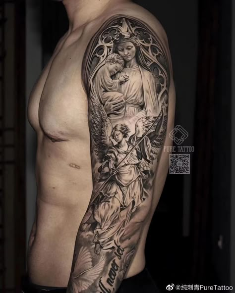 Angel Statue Tattoo Sleeve, Mens Cross Sleeve Tattoo, Angel Tattoo Sleeve For Men, Catholic Sleeve Tattoo Men, Angels Tattoo Sleeve, Tattoo Ideas For Men Sleeve Angel, Angelic Tattoos Men, Mary Sleeve Tattoo, Angel Tattoo Men Arm