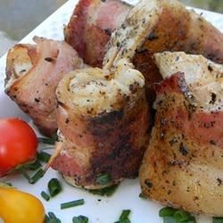 Bacon-Wrapped Halibut Recipe - Allrecipes.com Bacon Wrapped Halibut, Sweet Teriyaki Sauce, Bacon Wrapped Smokies, Halibut Recipe, Bacon Wrapped Scallops, Halibut Recipes, Fish Bites, Wrapped In Bacon, Steak Bites