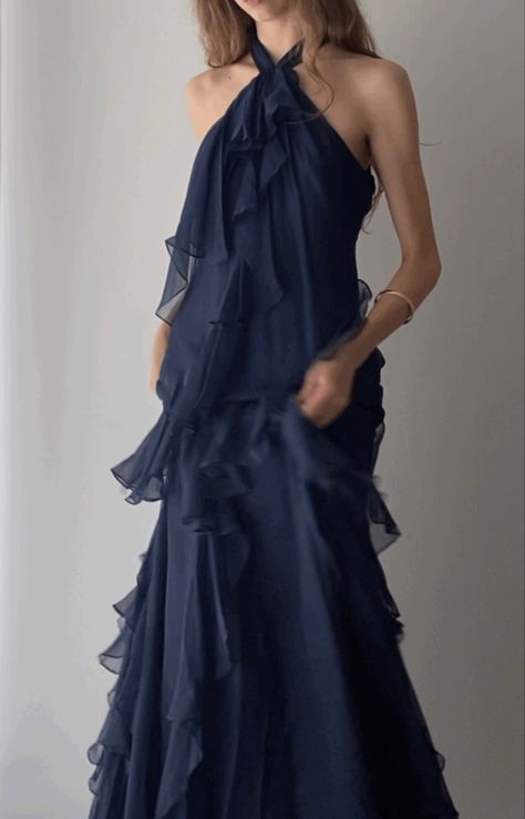 Blue Dress With Ruffles, Navy Blue Dress Aesthetic, Dark Blue Flowy Dress, Weird Prom Dress, Navy Blue Graduation Dress, Navy Blue Prom Dress Long, Navy Blue Silk Dress, Flowy Ruffle Dress, Blue Graduation Dresses