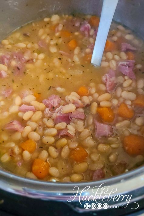 Instant Pot Ham and Navy Bean Soup - HUCKLEBERRY LIFE Ham And Bean Soup Instant Pot Recipes, Instant Pot Ham And White Bean Soup, Instant Pot Navy Beans And Ham Hocks, Instant Pot Ham Hock And Beans, Instant Pot 15 Bean Soup With Ham Bone, Instant Pot Navy Bean Soup With Ham, Instapot Navy Beans And Ham, Pressure Cooker Bean Soup, Ham And Bean Soup Instant Pot