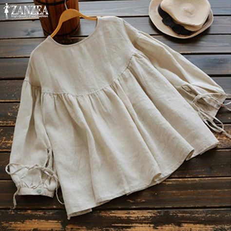 Lantern Sleeved Blouses, Pakaian Feminin, Casual Wear Women, Ruffle Shirt, Mode Hijab, Vintage Casual, Lantern Sleeve, Linen Top, Blouse Vintage