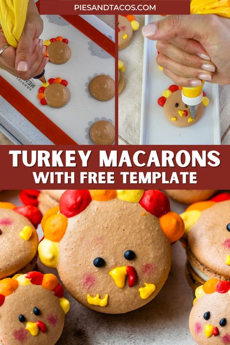 Turkey Macarons with a free template, filled with Maple Buttercream and Cranberry Sauce. Thanksgiving Macaron Flavors, Turkey Macarons, Grinch Macarons, Thanksgiving Macarons, Turkey Template, Maple Buttercream, Tacos Recipes, Macaron Template, Macarons Recipe