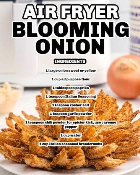 I’am beginning to think everything can be made in an air fryer AIR FRYER BLOOMING ONION https://airfryingfoodie.com/air-fryer-blooming-onion/ #247moms #iama247mom #momcoach #momminitdaily #thejuggleisreal #momlife #mops #thisismotherhood #coaching4moms #millennialmom Air Fryer Blooming Onion Recipe, Air Fryer Blooming Onion, Blooming Onion Recipe, Blooming Onion Recipes, Air Fryer Recipes Snacks, Blooming Onion, Popular Appetizers, Recipes Air Fryer, Seasoned Bread Crumbs