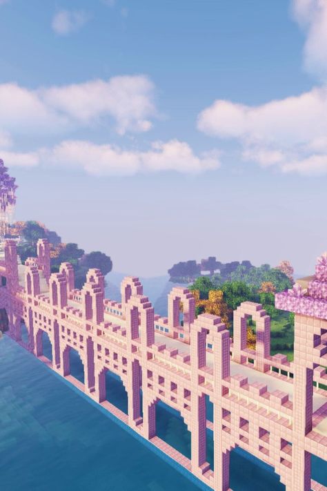 #minecraft #bridge #build #howto #purple #violet #purpur #amethyst #quartz #railing #endrod #water #sildurs #shaders Quartz Bridge Minecraft, Amethyst Bridge Minecraft, Amethyst Ideas Minecraft, Cute Minecraft Builds Pink Easy, Purple Castle Minecraft, Minecraft Purpur Build, Minecraft Fairytale Village, Cute Minecraft Bridges, Minecraft Big Bridge Ideas