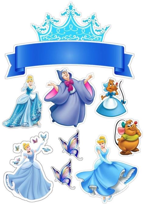 Disney Princess Stickers On A White Background With A Blue Ribbon 1A5 Cinderella Stickers Printable, Cinderella Toppers Printable, Cinderella Cake Topper Printable, Happy Birthday Cinderella, Cinderella Cake Design, Cinderella Birthday Cake Topper, Cinderella Stickers, Cinderella Topper, Cinderella Printables