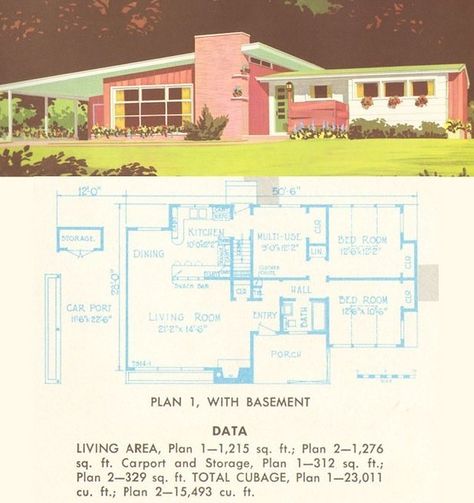 1950s Houses, 70s House Exterior, Sears House Plans, Mid Century Modern House Exterior, Mid Century House Plans, 50s House, Oasis Springs, Vintage Floor Plans, Mid Century Modern House Plans