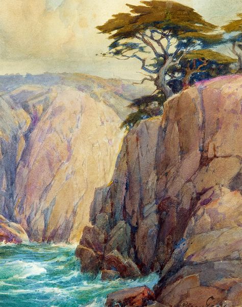 Monterey Cypress Perched on a Rocky Cliff by Percy Gray (American), watercolor on paper, genre: Landscape Art, 1931 #montereycypresspechedonarockycliff #percygray Rocky Cliff Drawing, Cliff Concept Art, Cliff Drawing, Rocky Cliff, Monterey Cypress, Landscape Drawings, Watercolor On Paper, Environment Concept Art, Monterey