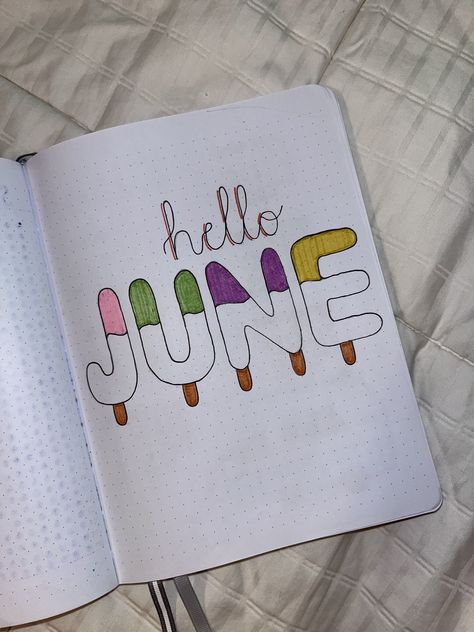 June bullet journal. Summer bullet journal theme. Bullet journal title page. Bullet journal ideas. Bullet journal for beginners. Mildliner markers. Popsicle bullet journal. June Title Page, June Bullet Journal Cover Easy, Popsicle Bullet Journal, Bullet Journal Summer, June Bullet Journal Cover, Bullet Journal Reading Log, Journal Title Page, Summer Bullet Journal, Bullet Journal Title Page